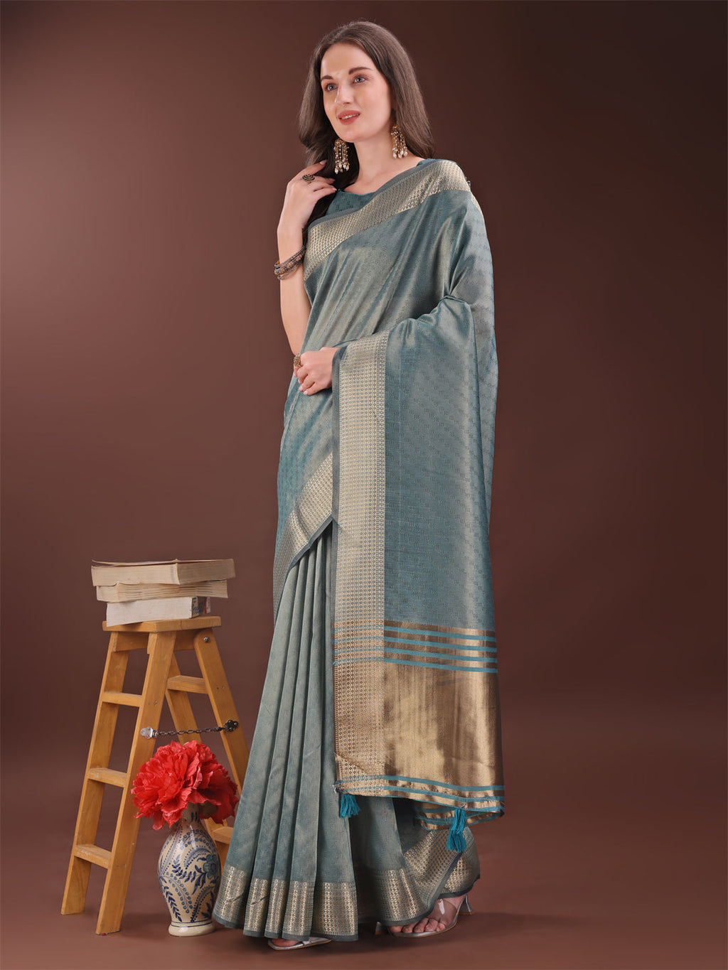 Shree Shyam Fashion Graceful Sea Green Organza Saree with Rich Golden Zari Border | Elegant Party Wear Saree with Blouse Piece