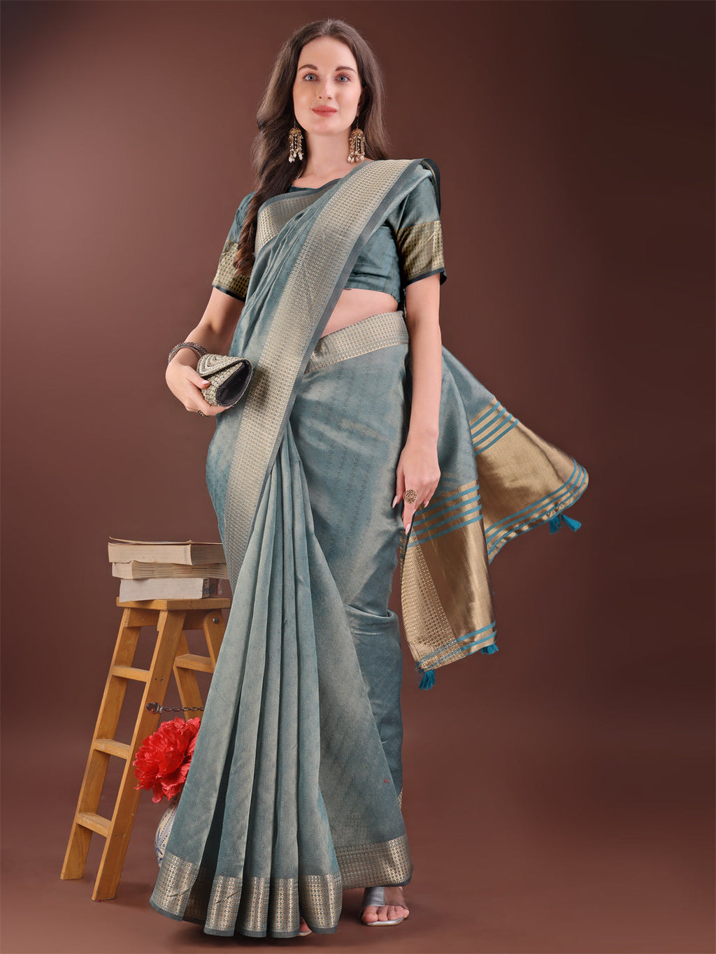 Shree Shyam Fashion Graceful Sea Green Organza Saree with Rich Golden Zari Border | Elegant Party Wear Saree with Blouse Piece