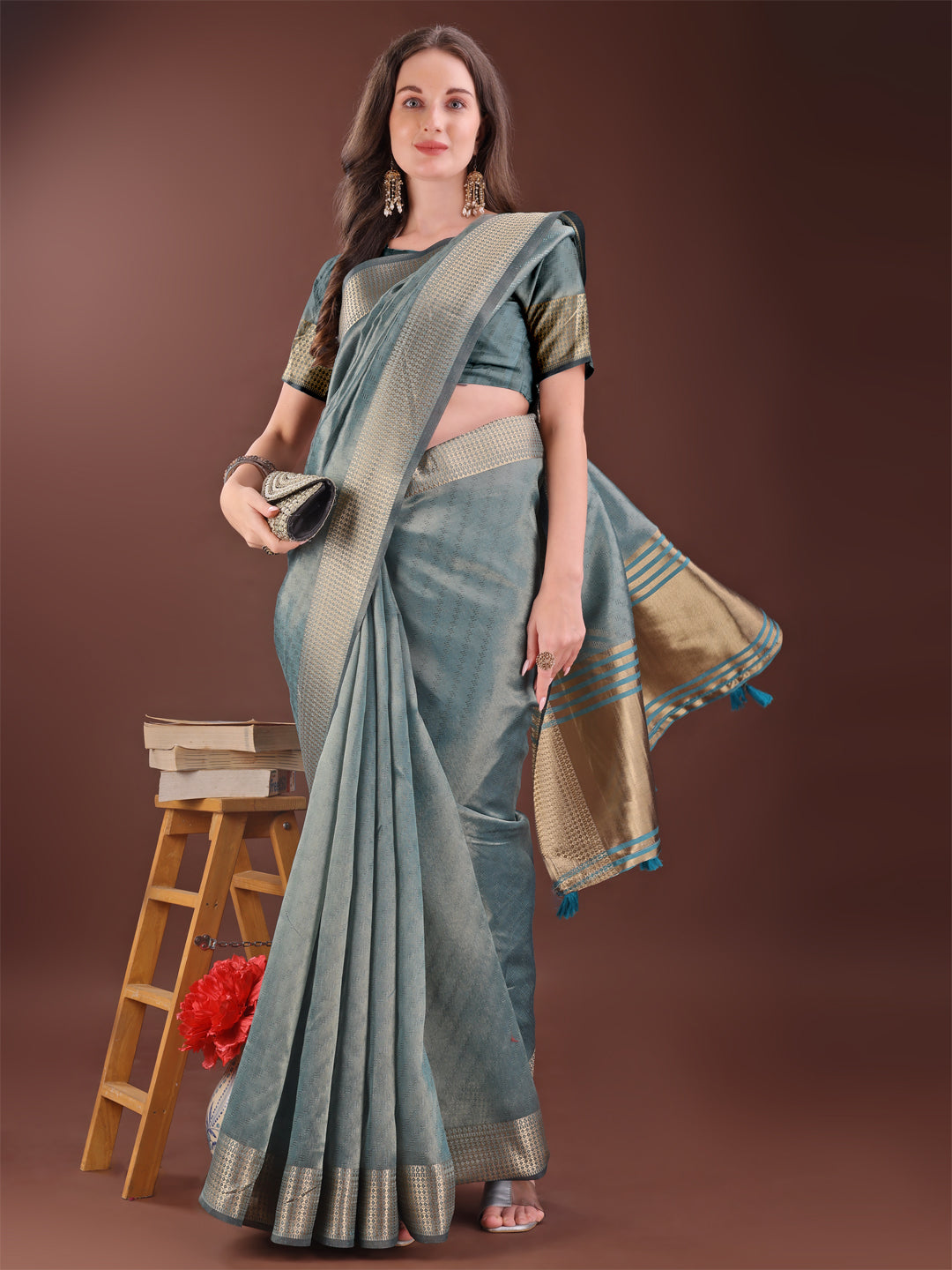Shree Shyam Fashion Graceful Sea Green Organza Saree with Rich Golden Zari Border | Elegant Party Wear Saree with Blouse Piece