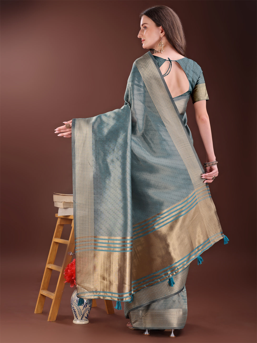 Shree Shyam Fashion Graceful Sea Green Organza Saree with Rich Golden Zari Border | Elegant Party Wear Saree with Blouse Piece
