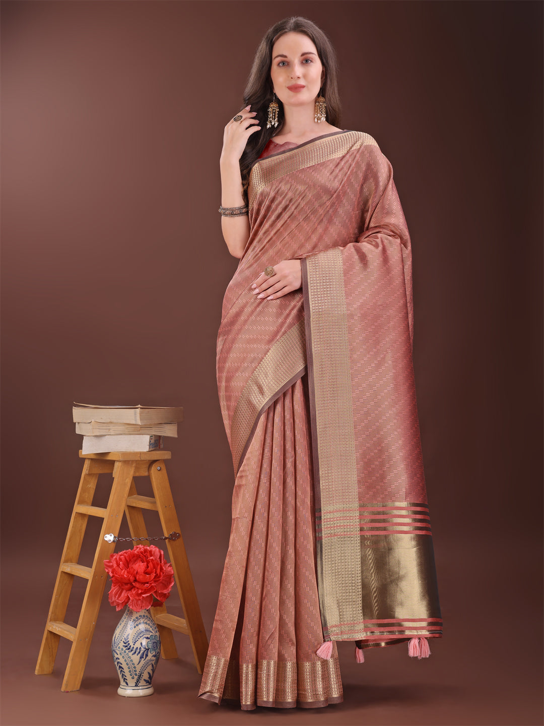 Shree Shyam Fashion Graceful Peach Organza Saree with Rich Golden Zari Border | Elegant Party Wear Saree with Blouse Piece