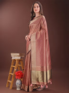 Shree Shyam Fashion Graceful Peach Organza Saree with Rich Golden Zari Border | Elegant Party Wear Saree with Blouse Piece