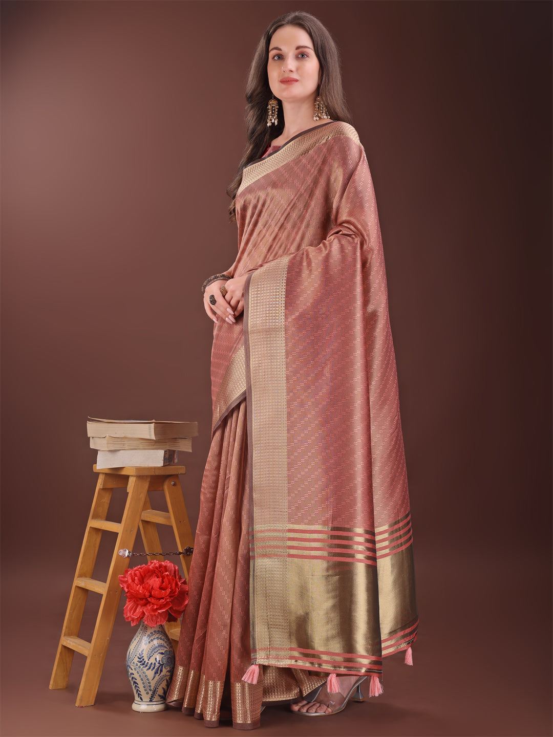 Shree Shyam Fashion Graceful Peach Organza Saree with Rich Golden Zari Border | Elegant Party Wear Saree with Blouse Piece