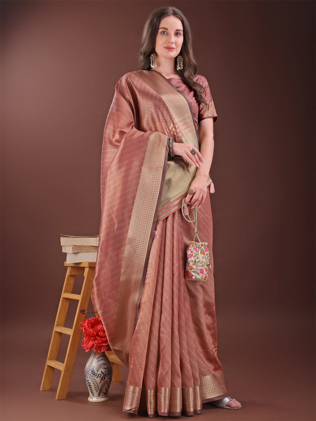 Shree Shyam Fashion Graceful Peach Organza Saree with Rich Golden Zari Border | Elegant Party Wear Saree with Blouse Piece