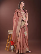 Shree Shyam Fashion Graceful Peach Organza Saree with Rich Golden Zari Border | Elegant Party Wear Saree with Blouse Piece