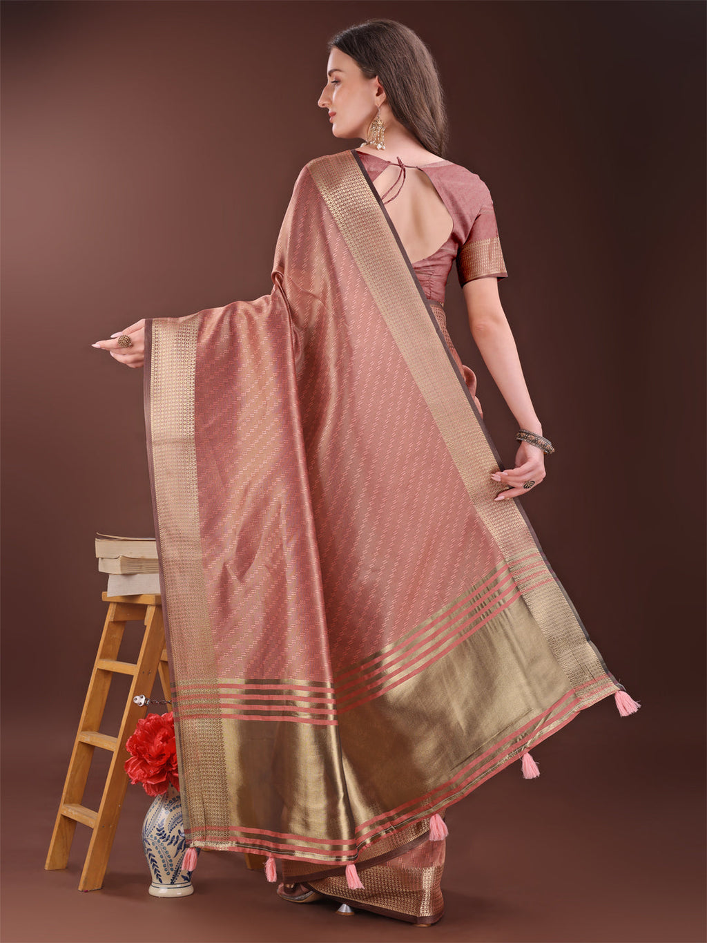 Shree Shyam Fashion Graceful Peach Organza Saree with Rich Golden Zari Border | Elegant Party Wear Saree with Blouse Piece