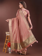 Shree Shyam Fashion Graceful Peach Organza Saree with Rich Golden Zari Border | Elegant Party Wear Saree with Blouse Piece