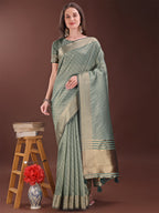 Shree Shyam Fashion Graceful Green Organza Saree with Rich Golden Zari Border | Elegant Party Wear Saree with Blouse Piece