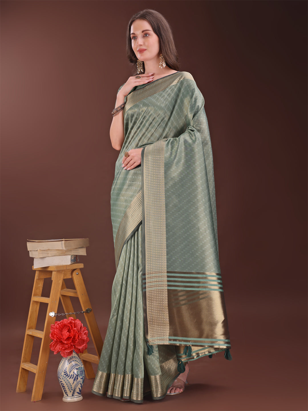 Shree Shyam Fashion Graceful Green Organza Saree with Rich Golden Zari Border | Elegant Party Wear Saree with Blouse Piece