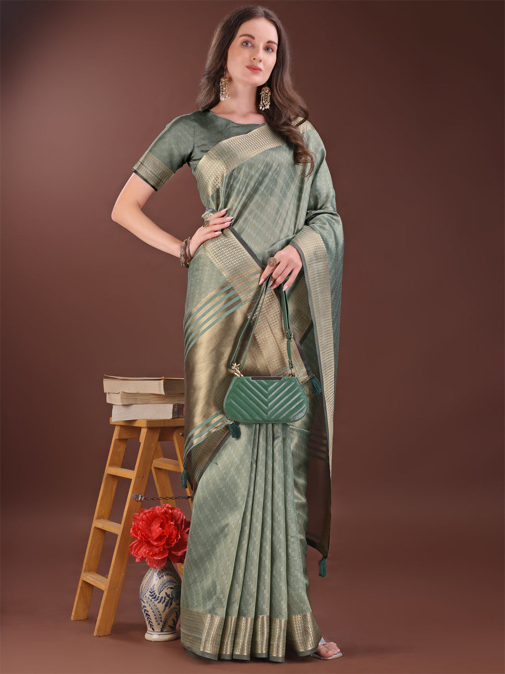 Shree Shyam Fashion Graceful Green Organza Saree with Rich Golden Zari Border | Elegant Party Wear Saree with Blouse Piece