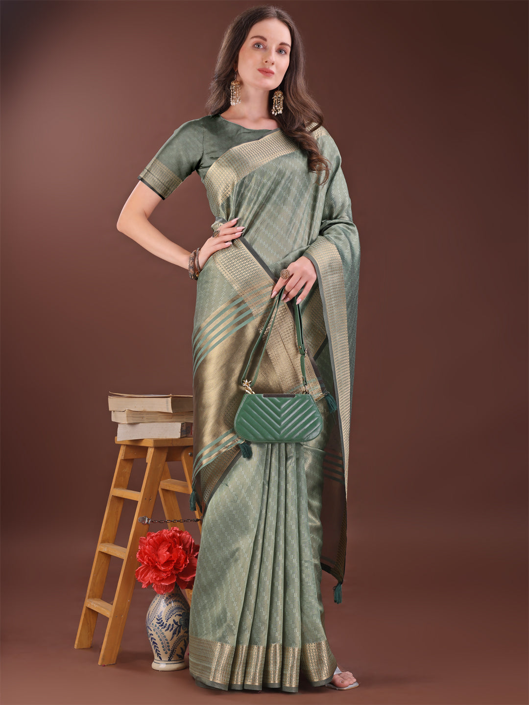 Shree Shyam Fashion Graceful Green Organza Saree with Rich Golden Zari Border | Elegant Party Wear Saree with Blouse Piece