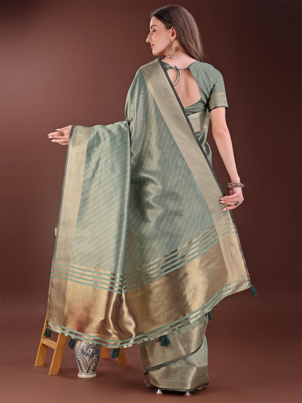 Shree Shyam Fashion Graceful Green Organza Saree with Rich Golden Zari Border | Elegant Party Wear Saree with Blouse Piece