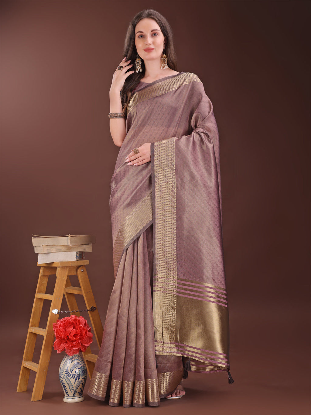 Shree Shyam Fashion Graceful Magenta Organza Saree with Rich Golden Zari Border | Elegant Party Wear Saree with Blouse Piece
