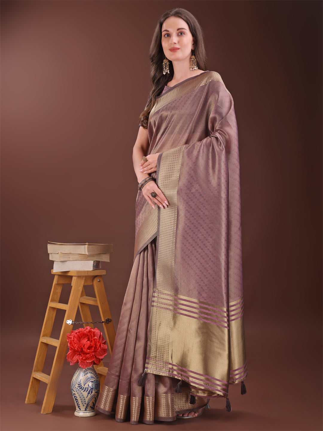 Shree Shyam Fashion Graceful Magenta Organza Saree with Rich Golden Zari Border | Elegant Party Wear Saree with Blouse Piece