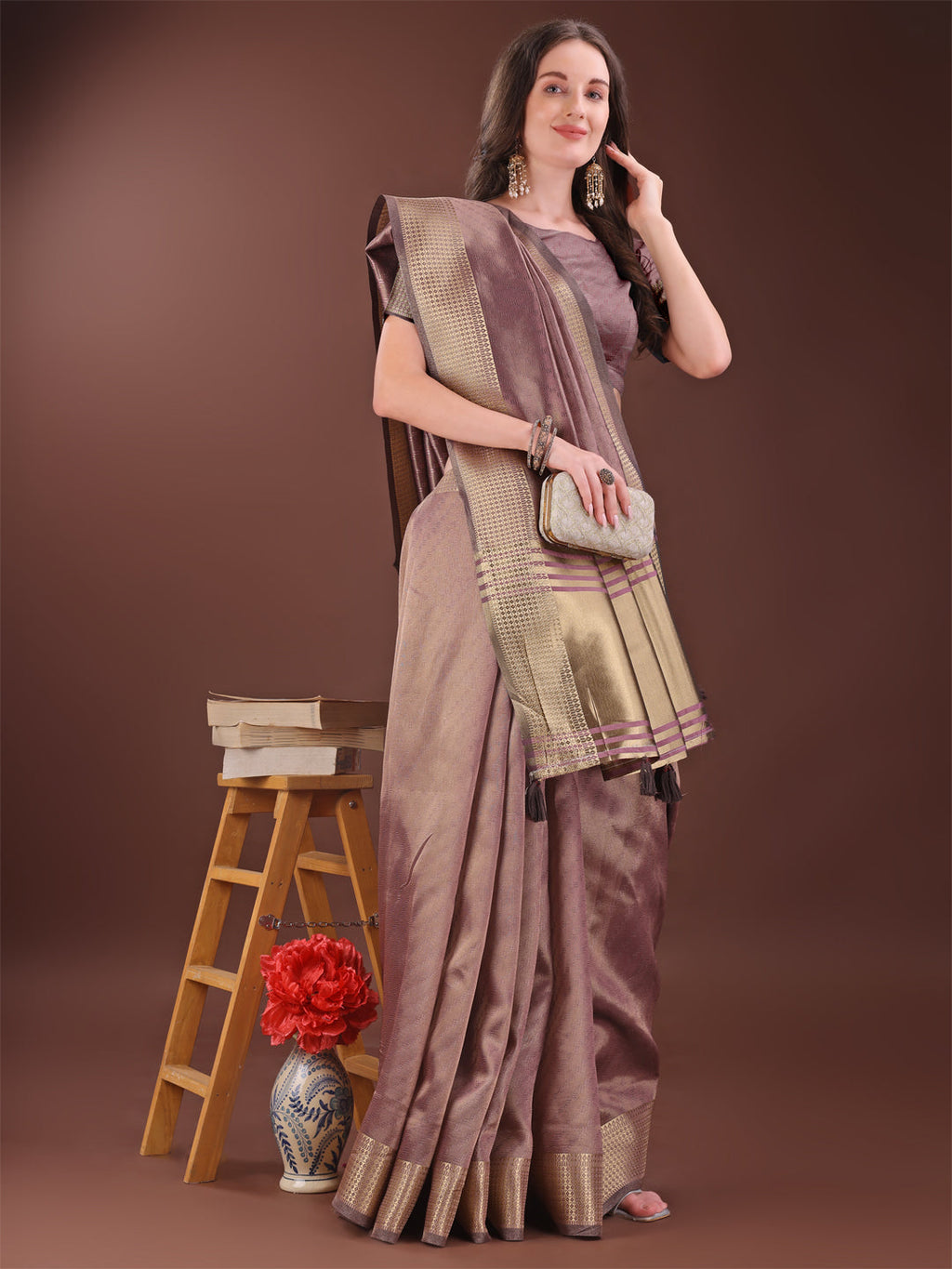 Shree Shyam Fashion Graceful Magenta Organza Saree with Rich Golden Zari Border | Elegant Party Wear Saree with Blouse Piece