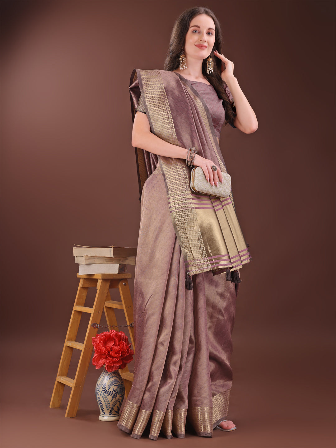 Shree Shyam Fashion Graceful Magenta Organza Saree with Rich Golden Zari Border | Elegant Party Wear Saree with Blouse Piece