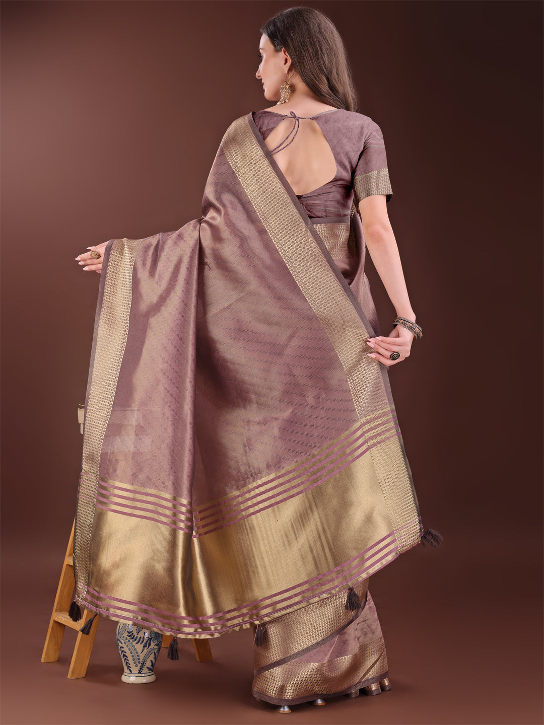 Shree Shyam Fashion Graceful Magenta Organza Saree with Rich Golden Zari Border | Elegant Party Wear Saree with Blouse Piece