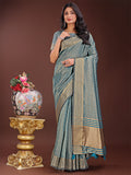 Shree Shyam Fashion Teal Blue Organza Saree with Golden Zari Border | Elegant Soft Lightweight Party Wear Saree with Blouse