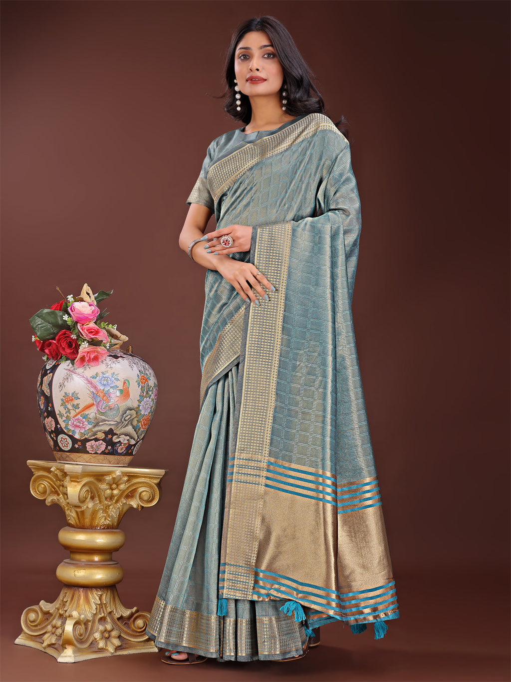Shree Shyam Fashion Teal Blue Organza Saree with Golden Zari Border | Elegant Soft Lightweight Party Wear Saree with Blouse