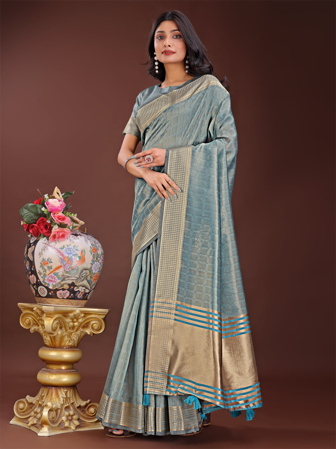 Shree Shyam Fashion Teal Blue Organza Saree with Golden Zari Border | Elegant Soft Lightweight Party Wear Saree with Blouse