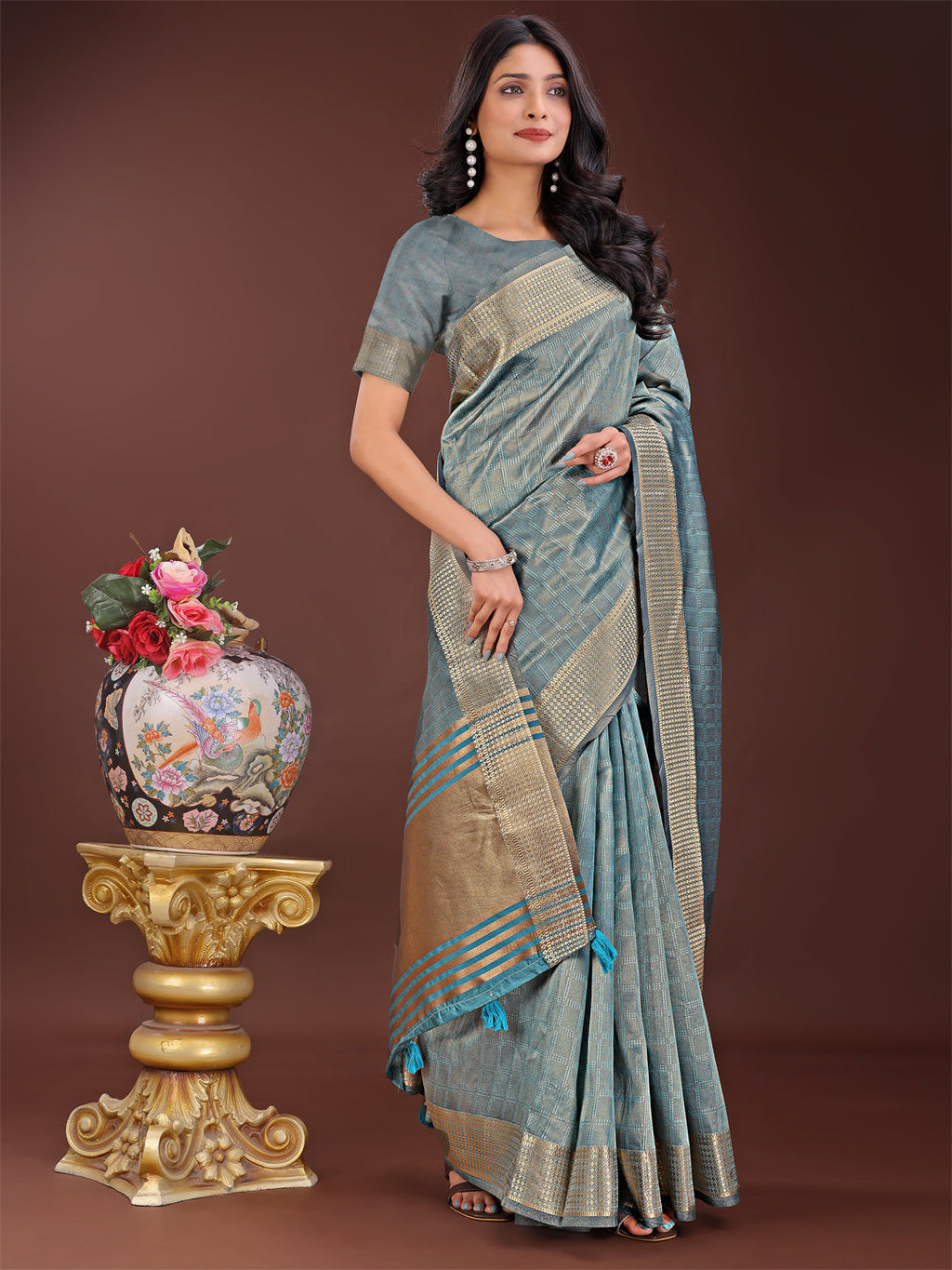 Shree Shyam Fashion Teal Blue Organza Saree with Golden Zari Border | Elegant Soft Lightweight Party Wear Saree with Blouse
