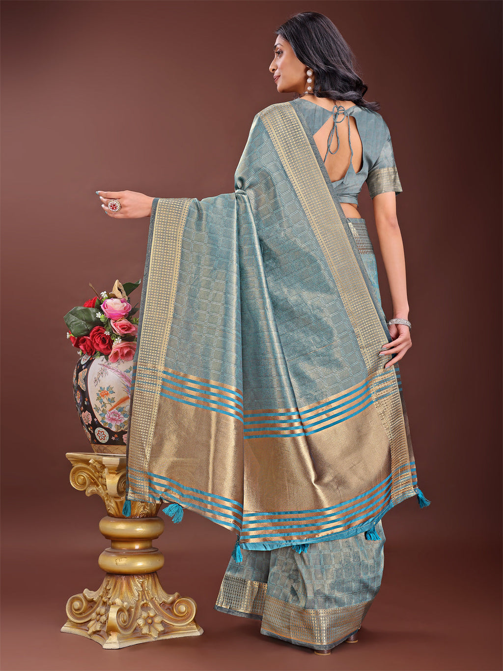 Shree Shyam Fashion Teal Blue Organza Saree with Golden Zari Border | Elegant Soft Lightweight Party Wear Saree with Blouse
