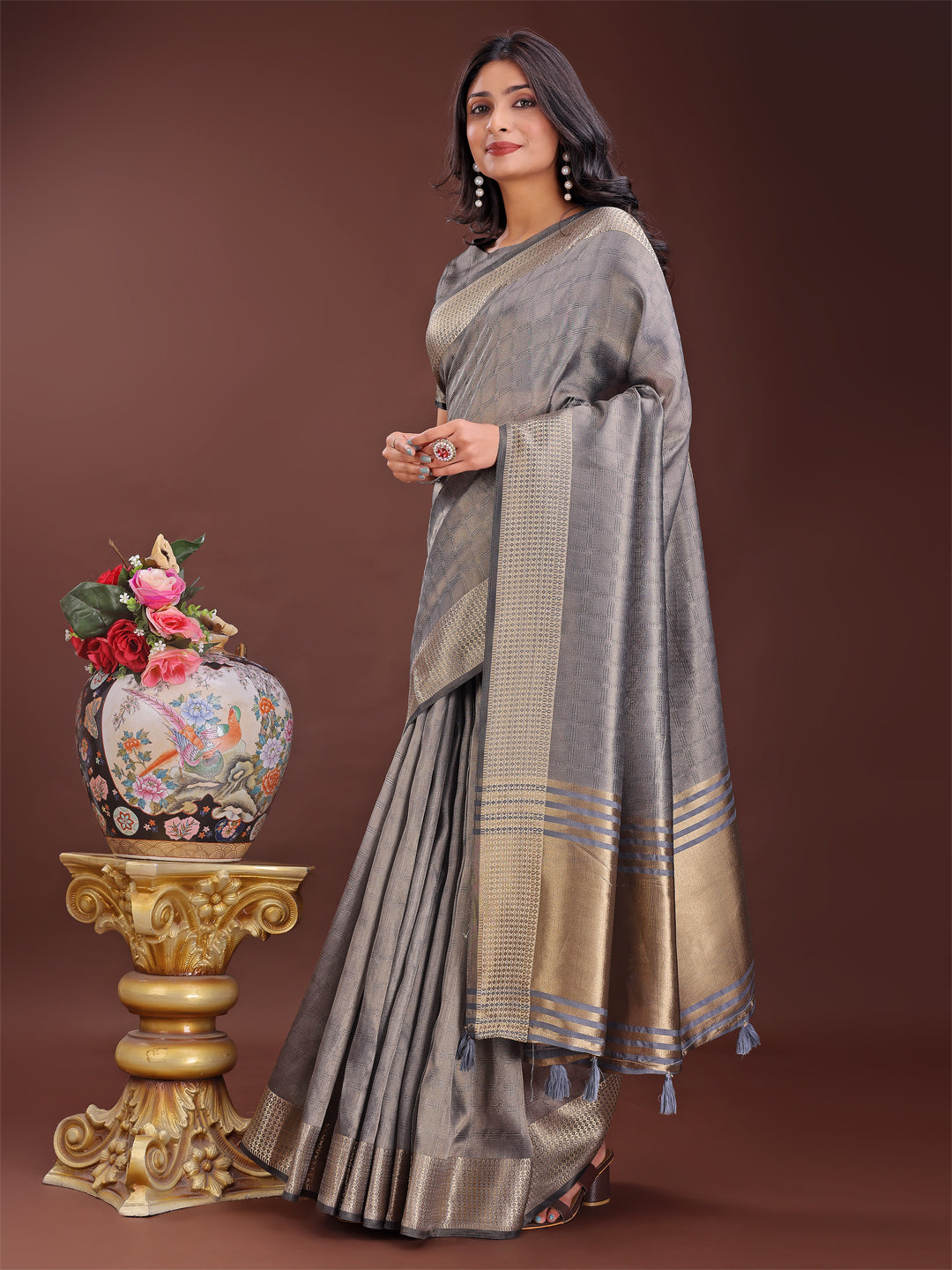 Shree Shyam Fashion Grey Organza Saree with Golden Zari Border | Elegant Soft Lightweight Party Wear Saree with Blouse