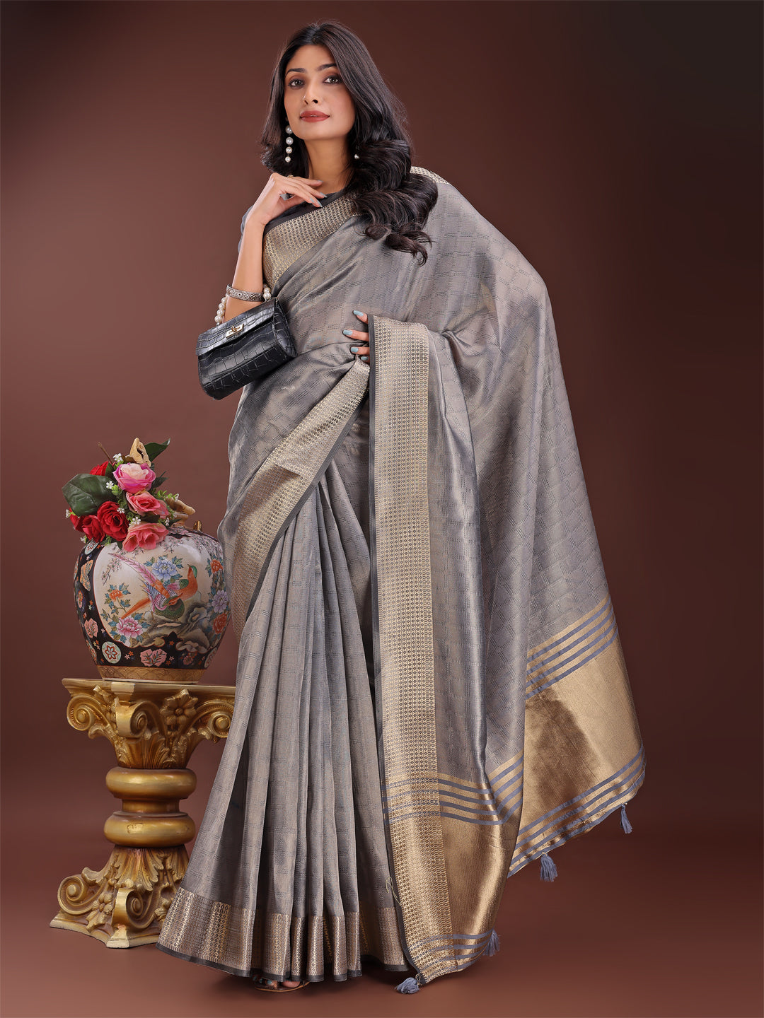 Shree Shyam Fashion Grey Organza Saree with Golden Zari Border | Elegant Soft Lightweight Party Wear Saree with Blouse