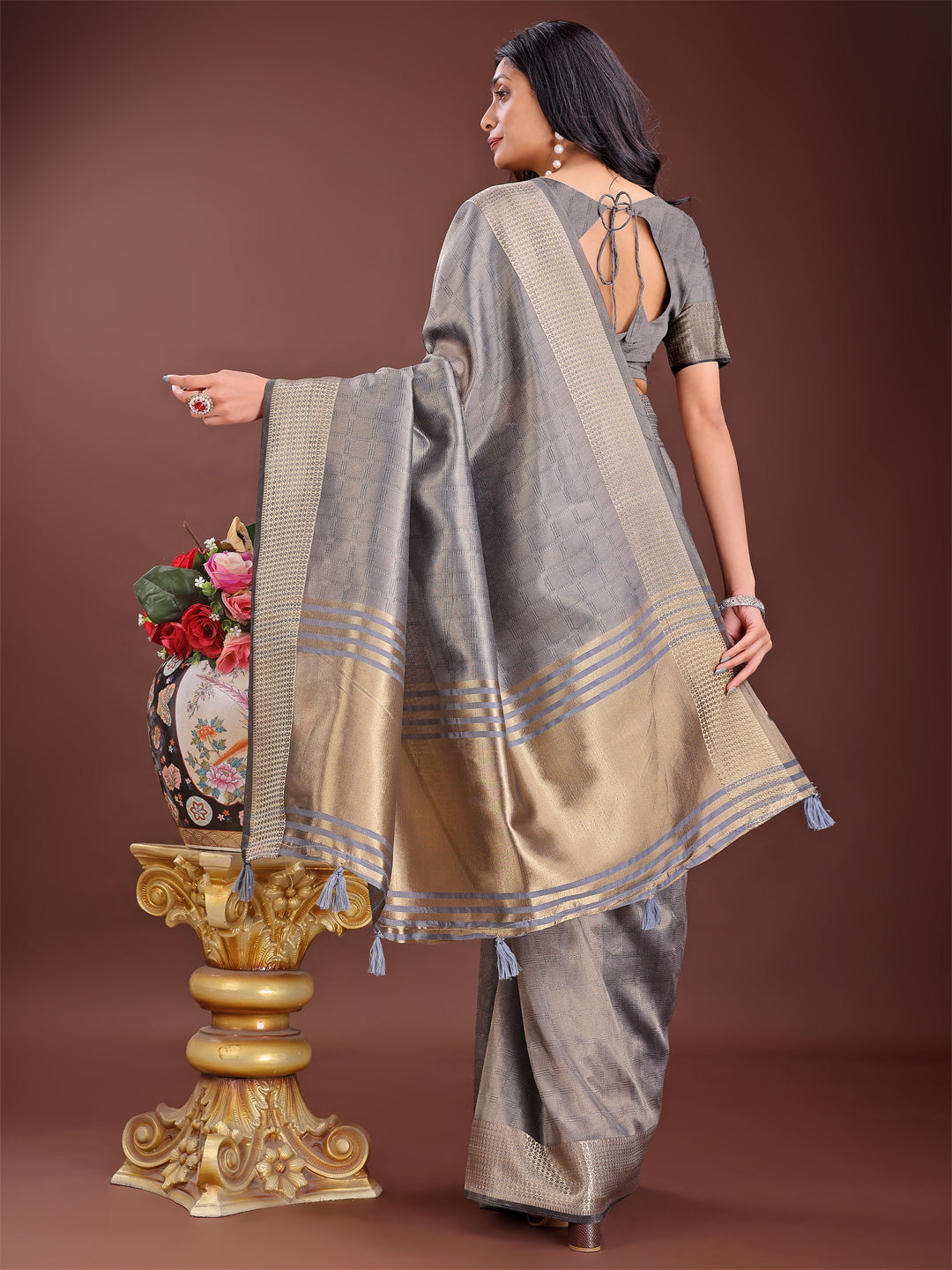 Shree Shyam Fashion Grey Organza Saree with Golden Zari Border | Elegant Soft Lightweight Party Wear Saree with Blouse