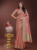 Shree Shyam Fashion Peach Organza Saree with Golden Zari Border | Elegant Soft Lightweight Party Wear Saree with Blouse