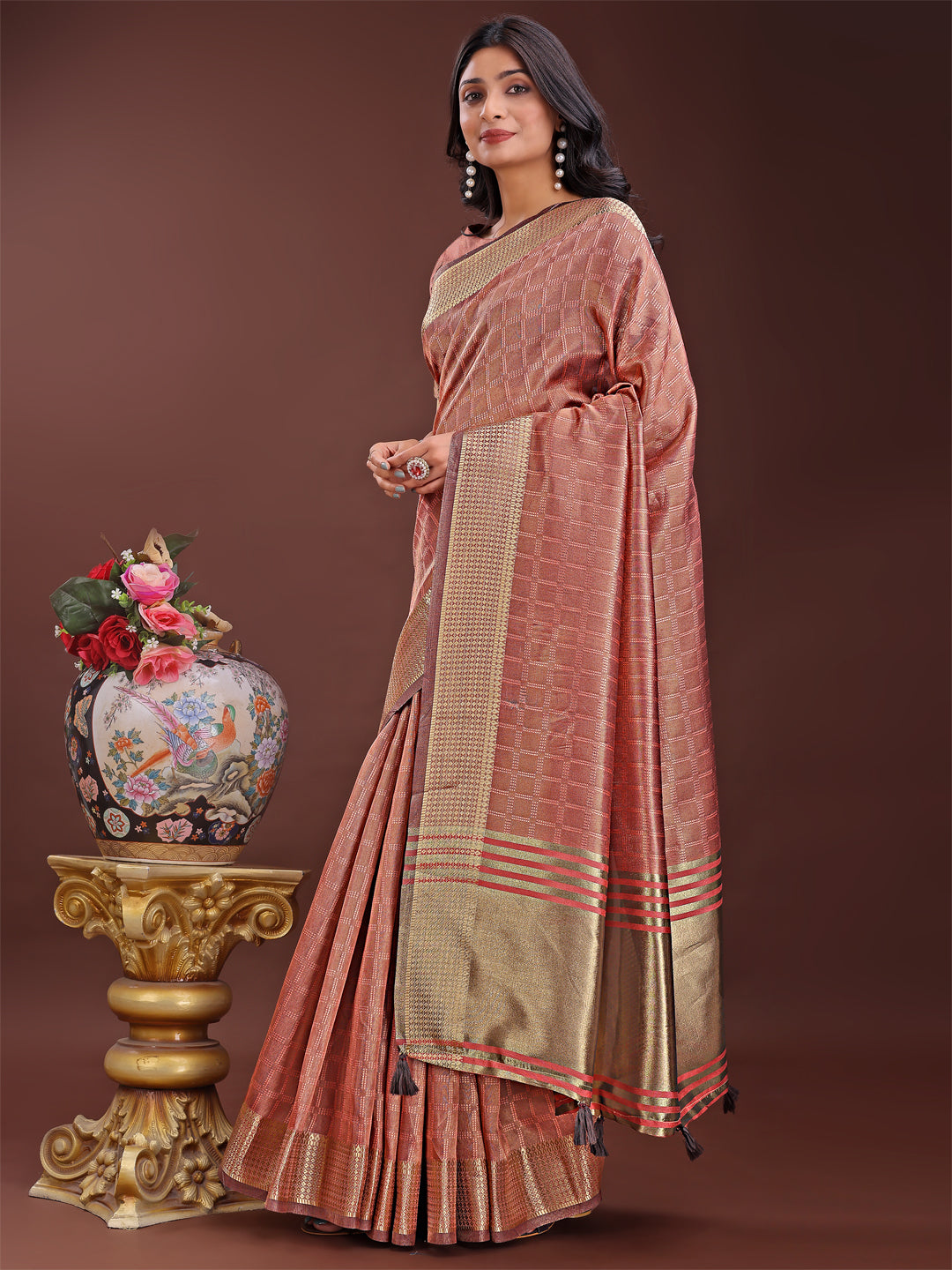 Shree Shyam Fashion Peach Organza Saree with Golden Zari Border | Elegant Soft Lightweight Party Wear Saree with Blouse