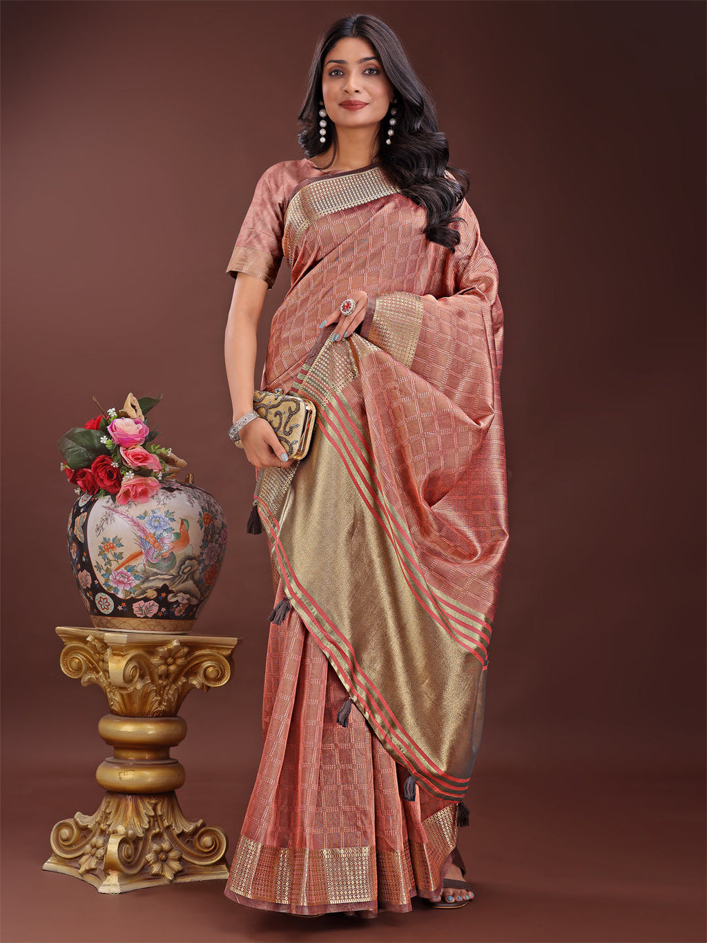 Shree Shyam Fashion Peach Organza Saree with Golden Zari Border | Elegant Soft Lightweight Party Wear Saree with Blouse