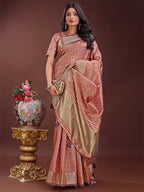 Shree Shyam Fashion Peach Organza Saree with Golden Zari Border | Elegant Soft Lightweight Party Wear Saree with Blouse