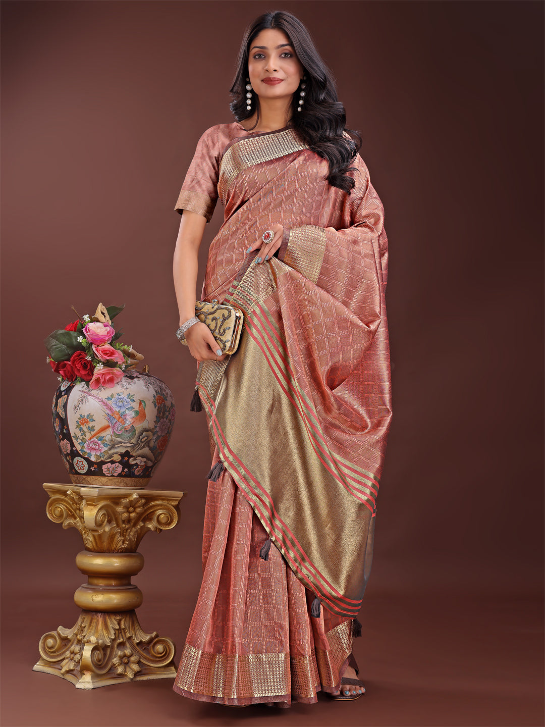 Shree Shyam Fashion Peach Organza Saree with Golden Zari Border | Elegant Soft Lightweight Party Wear Saree with Blouse