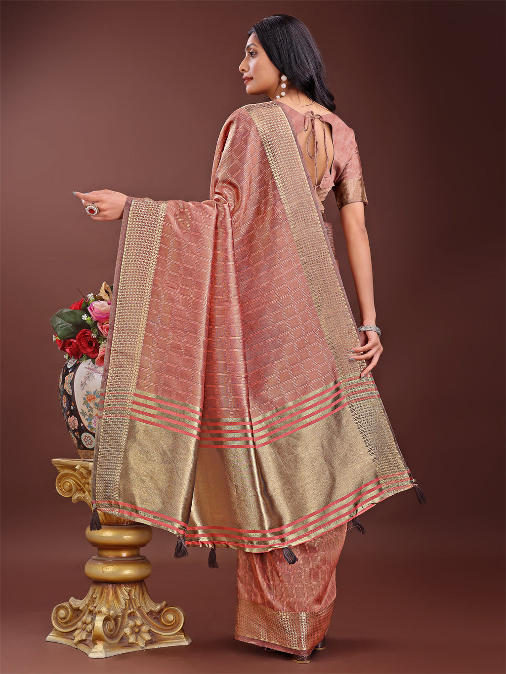 Shree Shyam Fashion Peach Organza Saree with Golden Zari Border | Elegant Soft Lightweight Party Wear Saree with Blouse
