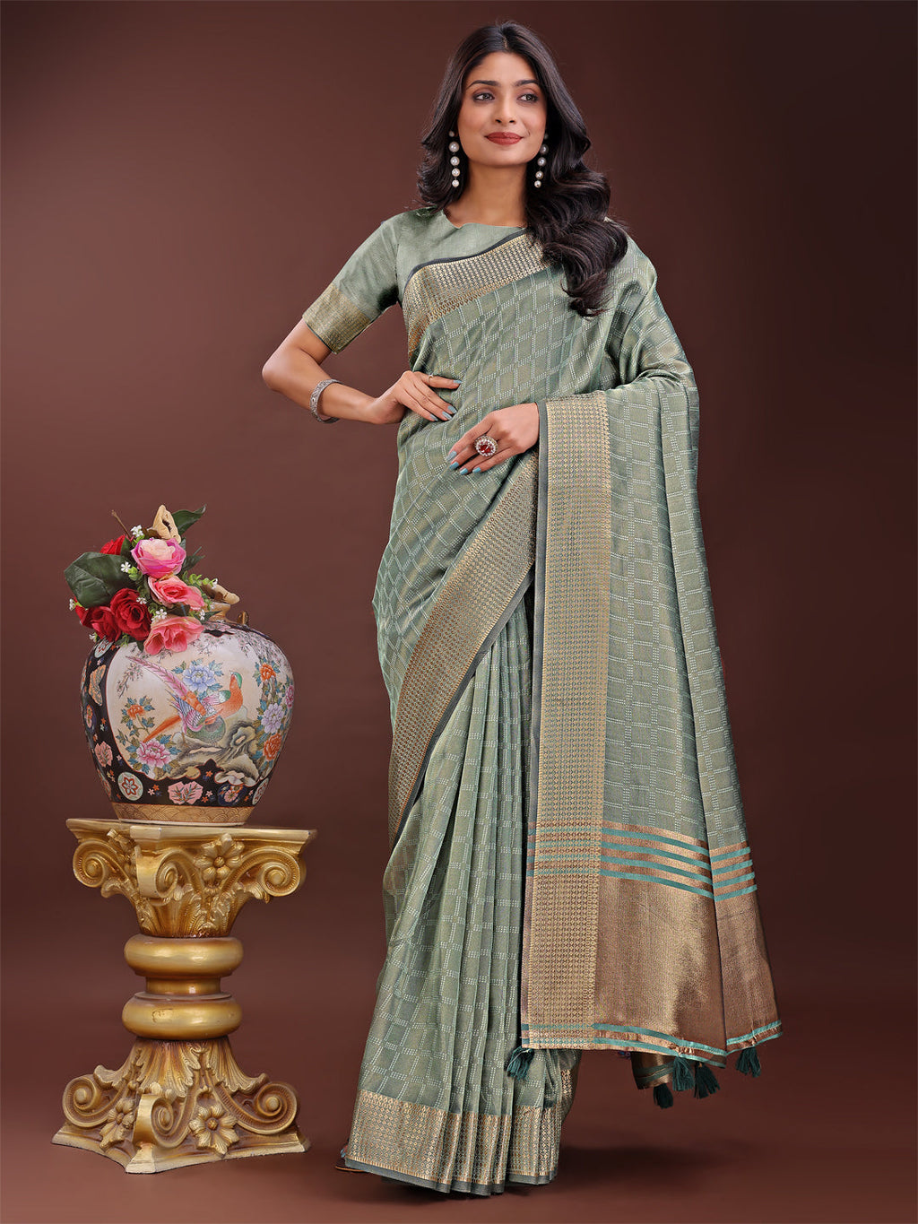 Shree Shyam Fashion Light Green Organza Saree with Golden Zari Border | Elegant Soft Lightweight Party Wear Saree with Blouse