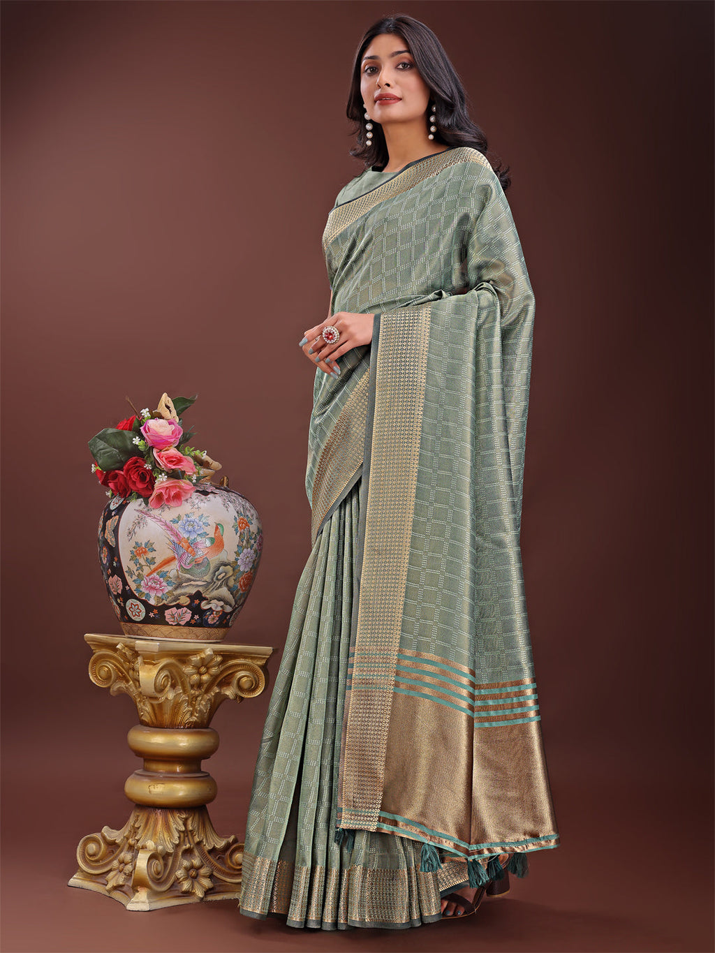 Shree Shyam Fashion Light Green Organza Saree with Golden Zari Border | Elegant Soft Lightweight Party Wear Saree with Blouse