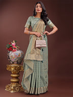 Shree Shyam Fashion Light Green Organza Saree with Golden Zari Border | Elegant Soft Lightweight Party Wear Saree with Blouse