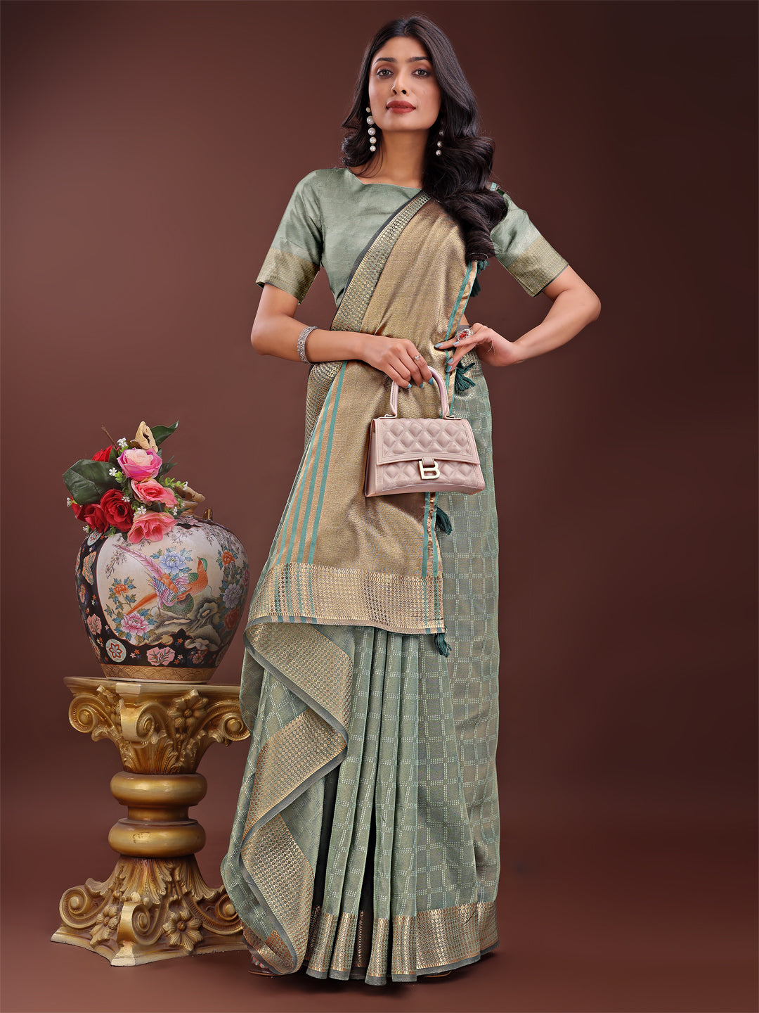 Shree Shyam Fashion Light Green Organza Saree with Golden Zari Border | Elegant Soft Lightweight Party Wear Saree with Blouse
