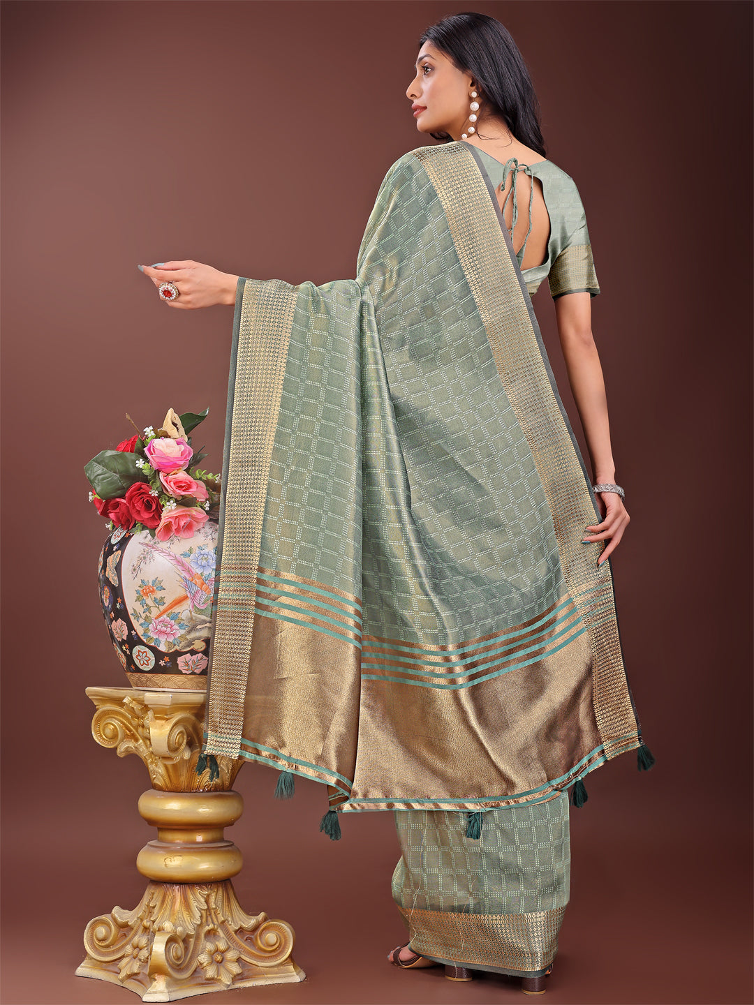 Shree Shyam Fashion Light Green Organza Saree with Golden Zari Border | Elegant Soft Lightweight Party Wear Saree with Blouse