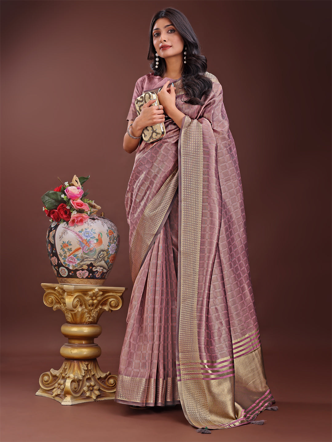Shree Shyam Fashion Magenta Organza Saree with Golden Zari Border | Elegant Soft Lightweight Party Wear Saree with Blouse