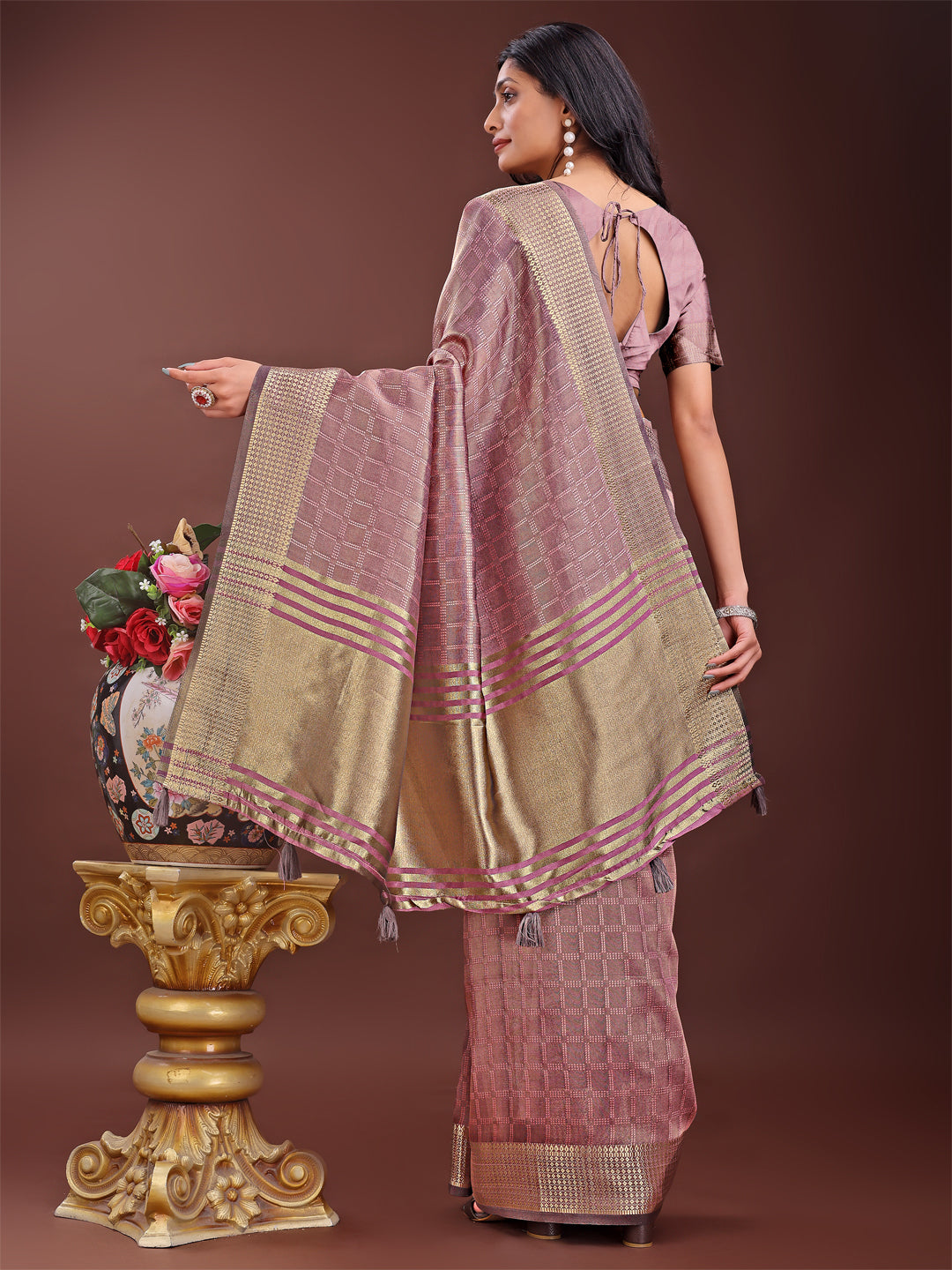Shree Shyam Fashion Magenta Organza Saree with Golden Zari Border | Elegant Soft Lightweight Party Wear Saree with Blouse