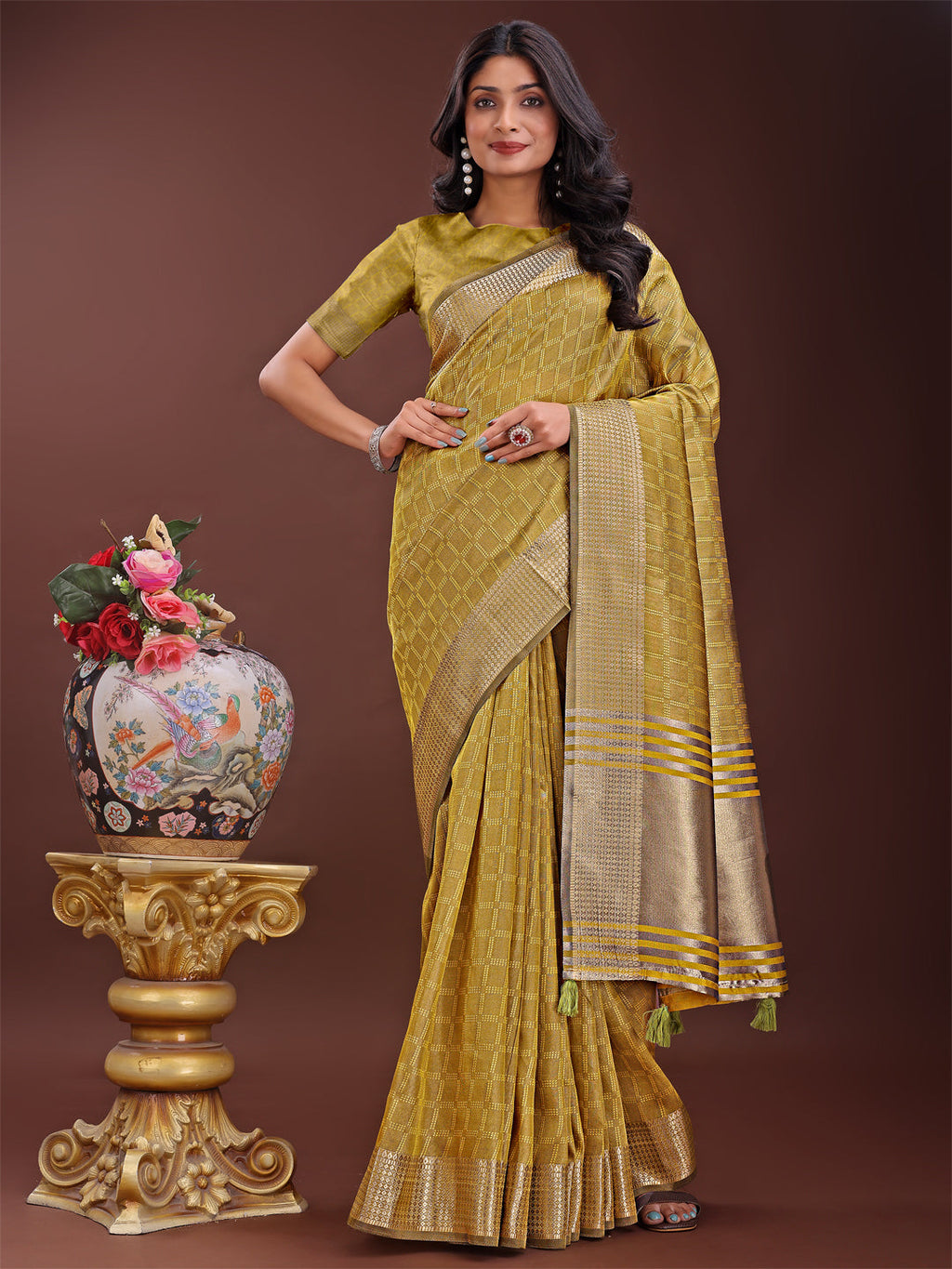 Shree Shyam Fashion Mustard Organza Saree with Golden Zari Border | Elegant Soft Lightweight Party Wear Saree with Blouse
