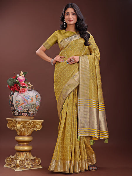 Shree Shyam Fashion Mustard Organza Saree with Golden Zari Border | Elegant Soft Lightweight Party Wear Saree with Blouse