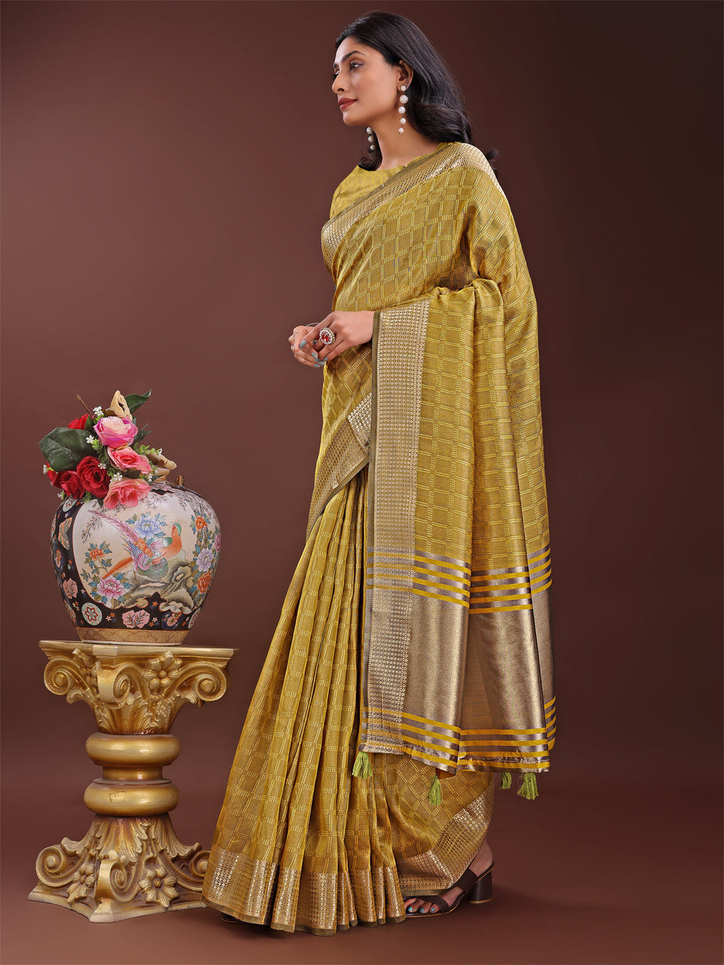 Shree Shyam Fashion Mustard Organza Saree with Golden Zari Border | Elegant Soft Lightweight Party Wear Saree with Blouse