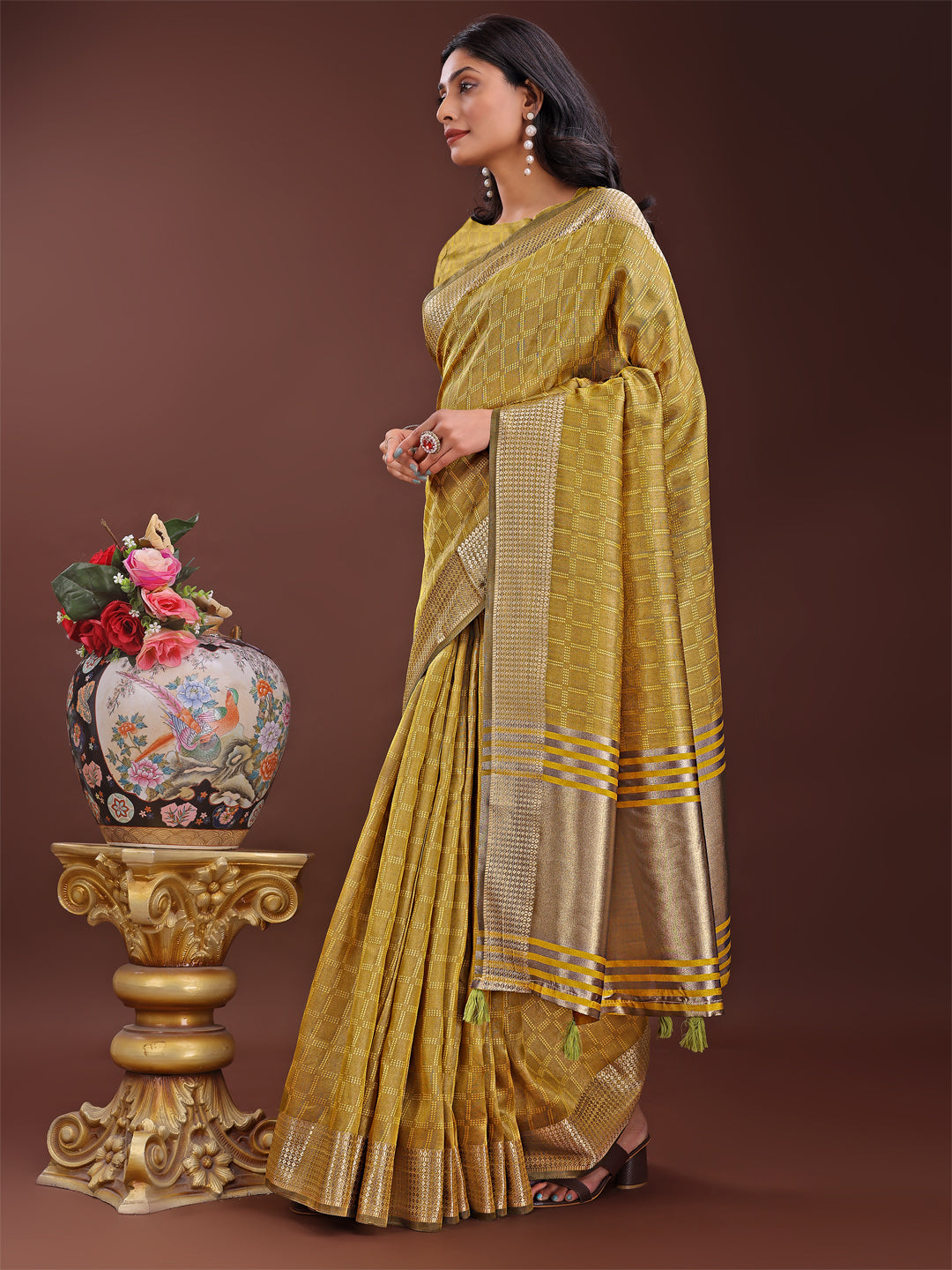 Shree Shyam Fashion Mustard Organza Saree with Golden Zari Border | Elegant Soft Lightweight Party Wear Saree with Blouse