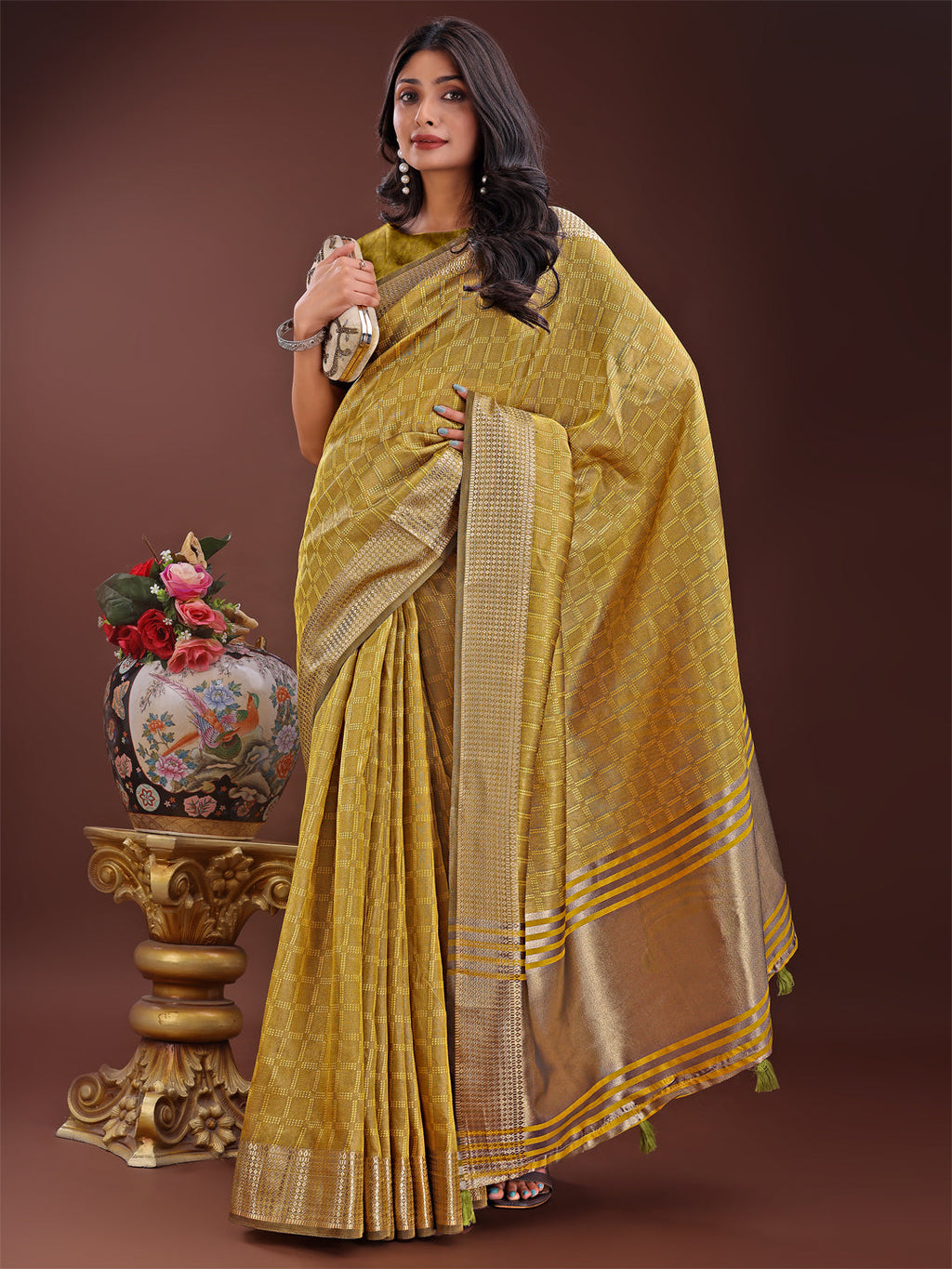 Shree Shyam Fashion Mustard Organza Saree with Golden Zari Border | Elegant Soft Lightweight Party Wear Saree with Blouse