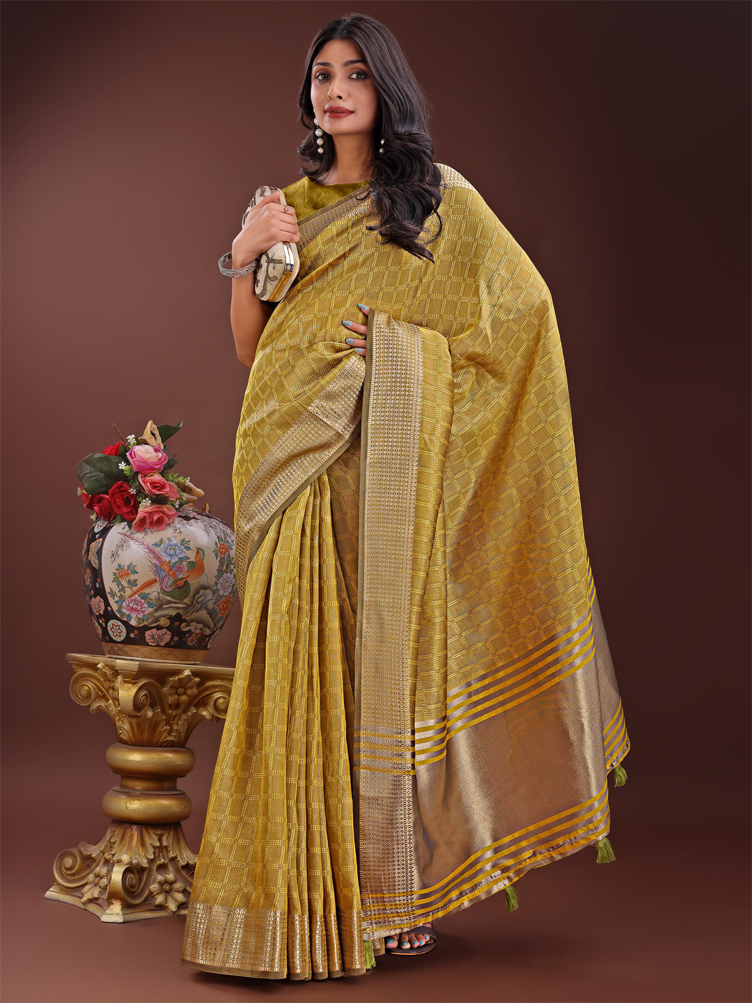 Shree Shyam Fashion Mustard Organza Saree with Golden Zari Border | Elegant Soft Lightweight Party Wear Saree with Blouse