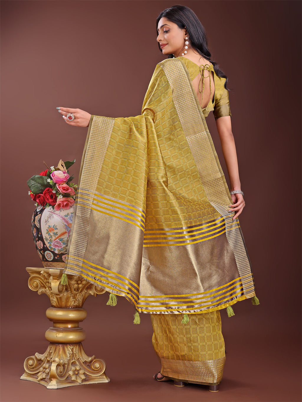 Shree Shyam Fashion Mustard Organza Saree with Golden Zari Border | Elegant Soft Lightweight Party Wear Saree with Blouse