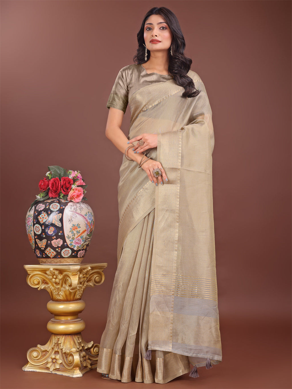 Shree Shyam Fashion Elegant Beige Linen Saree with Golden Zari Border & Rich Pallu | Soft Drape | Festive & Office Wear